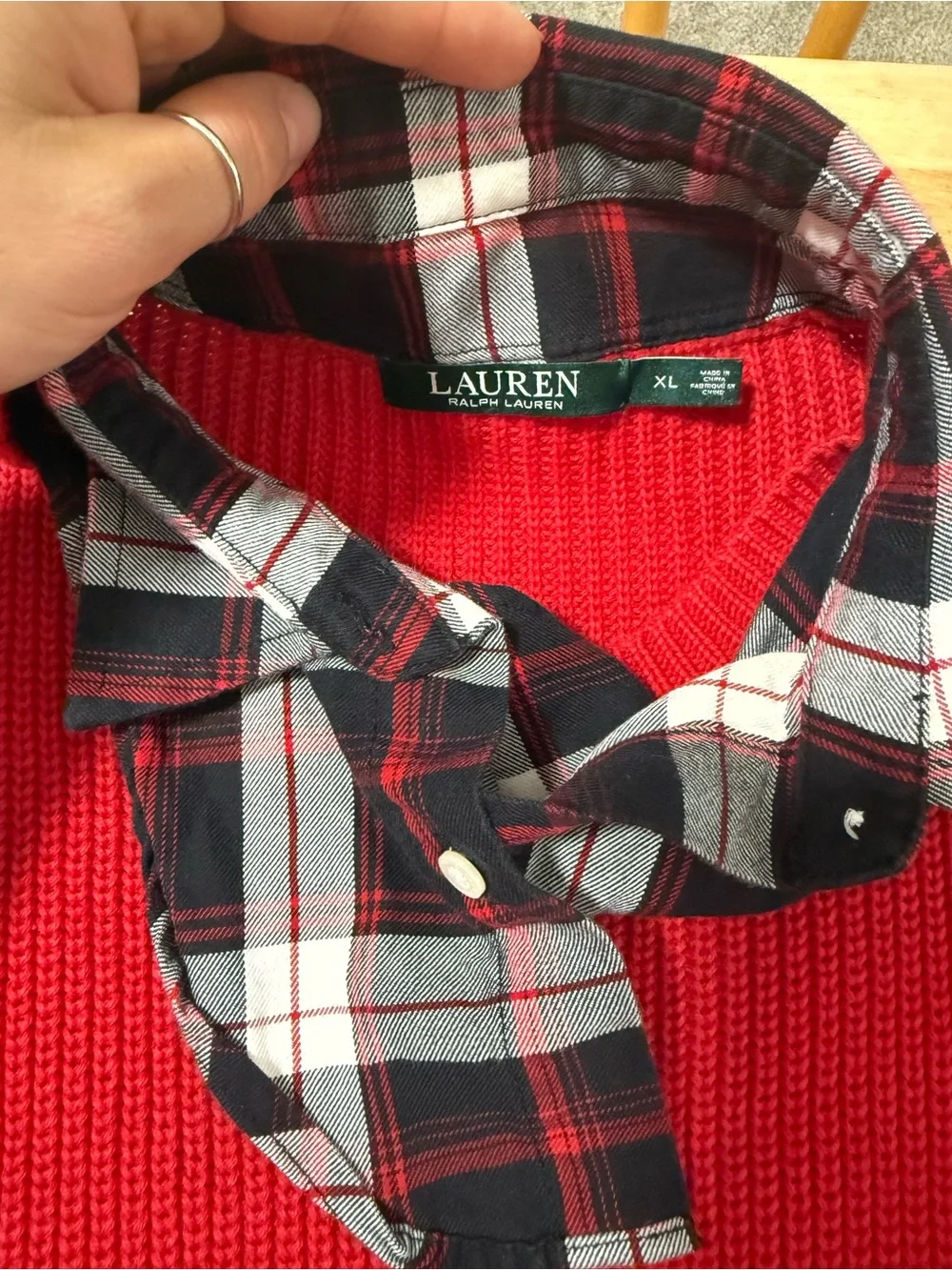 Lauren Ralph Lauren Women’s Layered Sweater Shirt Red Plaid Knit Top XL